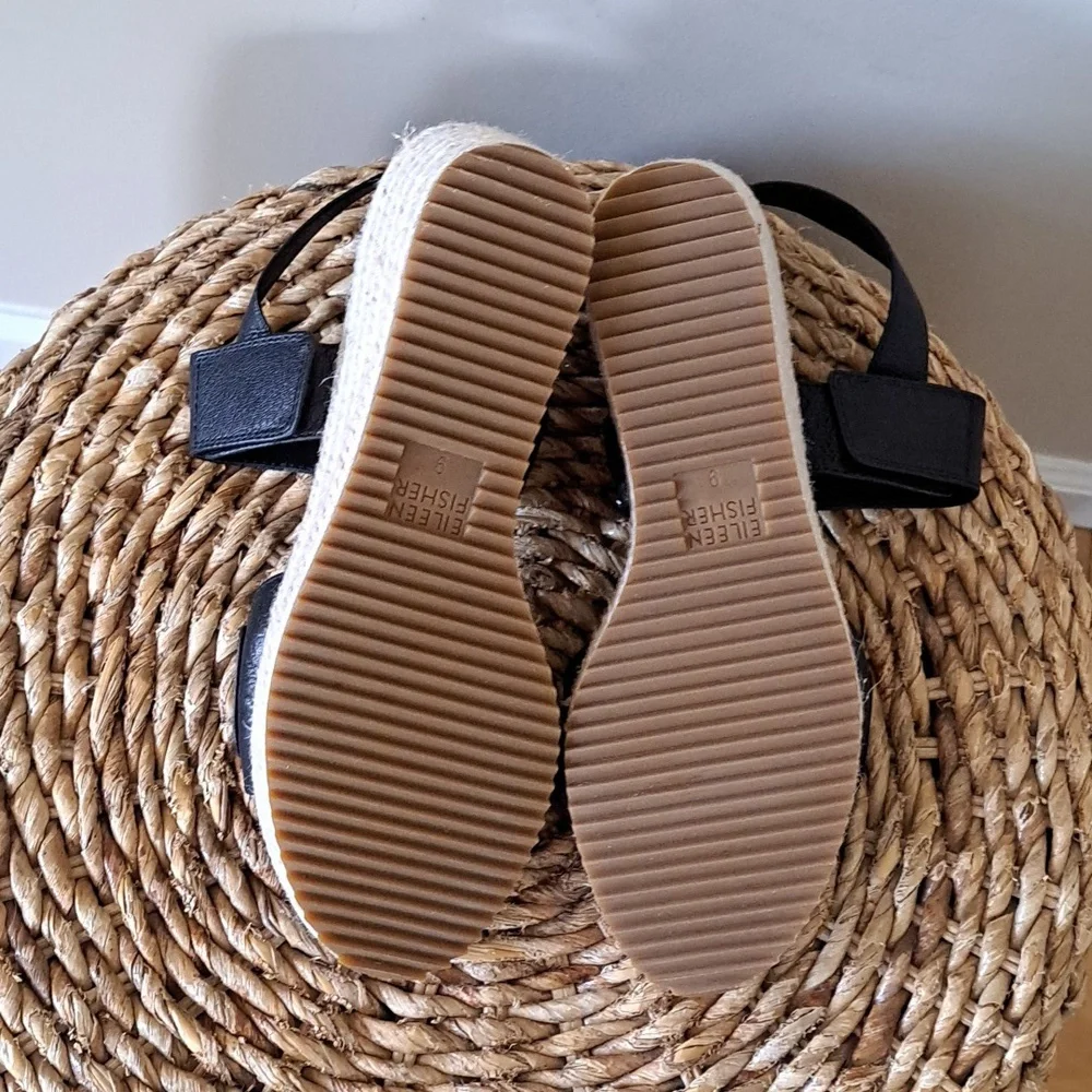 NWOT EILEEN FISHER Womens Winnie Black Leather Wedge Espadrille Platform Sandals